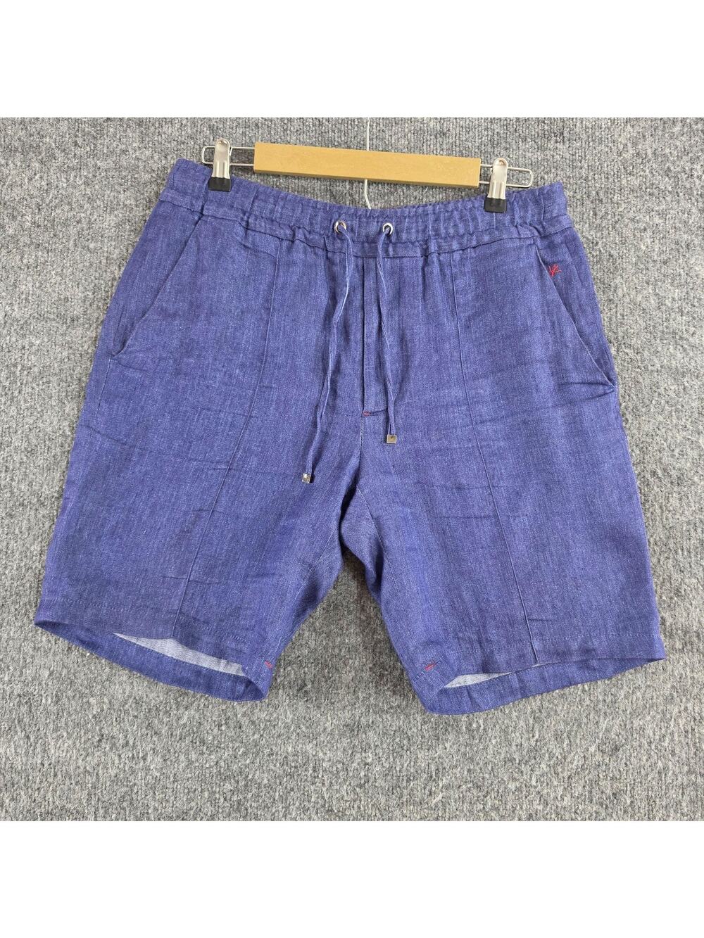 Isaia Shorts Mens 50 Linen Drawstring Blue Italy Summer Minimalist Quiet Luxury